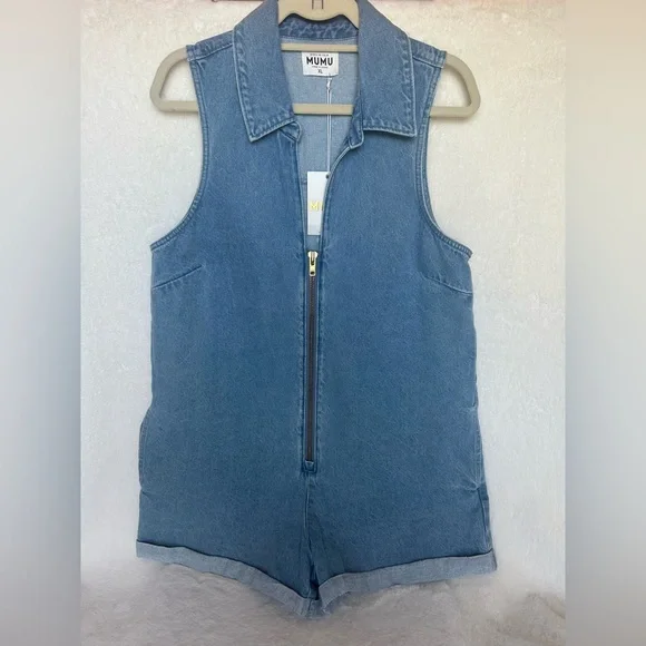 Show Me Your Mumu Women's Medium Wash Reno Sleeveless Denim Romper Size XL NWT - Picture 2 of 14
